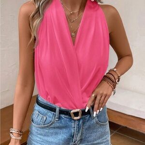 SHEIN Pink Wrap Blouse with Sleeves